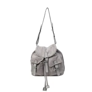 Minimalist light gray nylon multi-pocket shoulder bag with silver buckle details