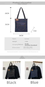 Size diagram and specifications for minimalist denim canvas tote bag with front pocket