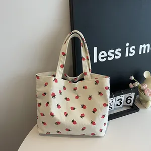 Sac fourre-tout en velours côtelé imprimé fraises, idéal pour le quotidien et le bureau