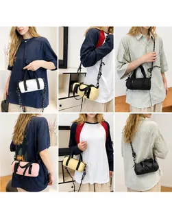 Mini cylinder crossbody bag in multiple colors with woven shoulder straps shown on models