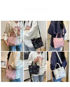 Three-color collage of holographic art print crossbody bags worn by a model in interior
