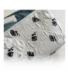 Detail of floral embroidery on quilted fabric tote with premium zipper closure