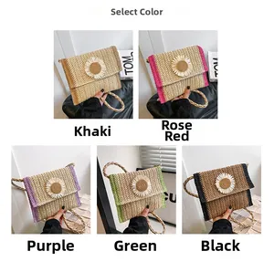 Straw woven shoulder bags in five vibrant colors with decorative sunflower accents