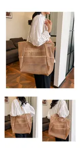 Detailed view of khaki mesh tote bag with breathable woven structure and long shoulder straps