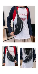 Detailed views of black nylon crossbody bag with adjustable strap and white text logo