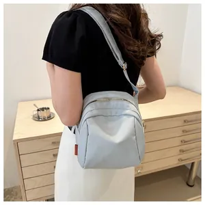 Dettaglio borsa a tracolla in nylon azzurro con zip multistrato e tracolla regolabile