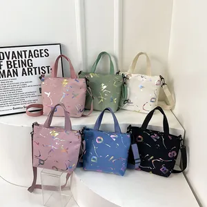 Women Nylon Graffiti Letter Print Crossbody Bag Laser Holographic Splatter Pattern Handbag Casual Shoulder Tote Bag