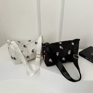Women Quilted Nylon Shoulder Bag Fashion Rose Floral Print Pleated Crossbody Bag With Adjustable Strap Casual Commute Handbag