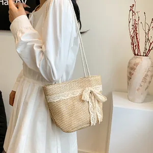 Bolso Tote de Paja Tejida para Mujer Con Lazo de Encaje Gran Capacidad Bolso de Hombro para Playa y Vacaciones