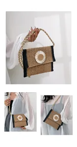Detailed close-up of woven straw crossbody bag featuring a large white daisy flower