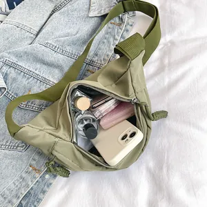 Army green nylon crossbody chest bag with adjustable strap and large storage capacity