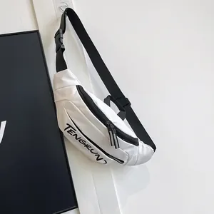 Close-up of white waterproof nylon chest bag with black TENGRUN text and adjustable strap