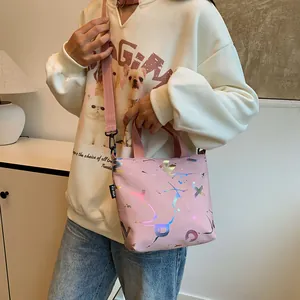 Pink crossbody handbag with rainbow laser lettering and colorful splash print for women