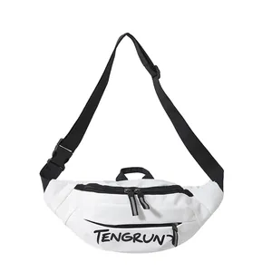 White minimalist waterproof chest bag with black adjustable strap and logo detail