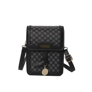 Chic black and gray checkered crossbody phone bag with adjustable strap and gold pendant