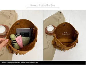 Detailed interior of brown suede tote bag showing large capacity and magnetic buckle