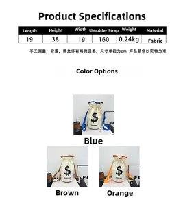 Detailed size parameters for canvas bucket bag with dollar sign print and strap length