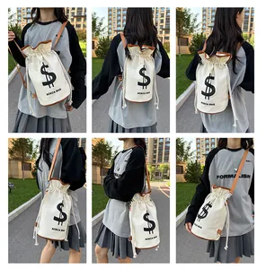 Collage of model showing cream canvas drawstring bucket bag in versatile wearing styles