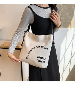 Dettaglio della borsa tote in tela bianco sporco con scritte nere e spalline sottili