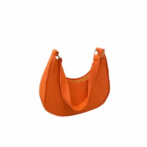 Orange faux leather half-moon baguette bag with crocodile pattern and golden hardware