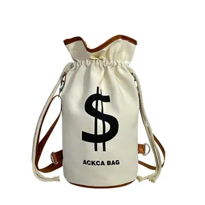 Off-white canvas drawstring bucket bag with dollar sign print and leather trim