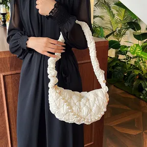 Women Quilted Underarm Bag With Artificial Pearl Chain Elegant Pleated Cloud Shoulder Bag Fashion Hobo Crossbody Bag For Lady Daily Use