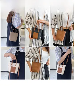 Mini cabas en similicuir grainé présenté en plusieurs coloris sur un mannequin femme