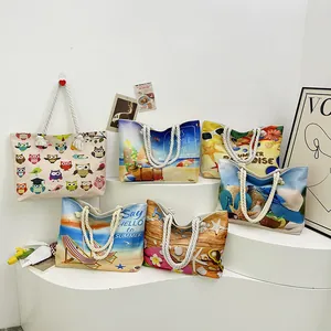 Large beach tote bags with cotton rope handles and colorful summer owl tropical prints
