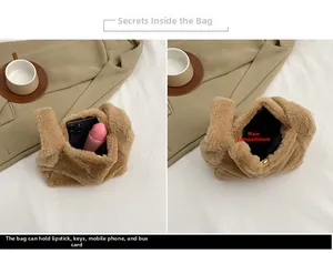 Macro shot of faux fur bag interior showing main compartment for phone and lipstick