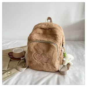 Detail of plush brown backpack with Power Puffs heart embroidery and soft texture