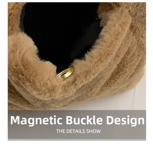 Macro shot of secure golden magnetic closure on soft brown plush handbag detail