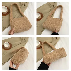 Detail shots of khaki faux shearling shoulder bag from multiple angles for fall style
