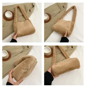 Detail view of the brown faux fur shoulder bag texture and plush material across four angles