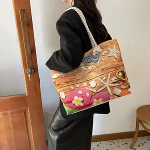 Large capacity beach tote bag with floral flip-flop print and white cotton rope handles