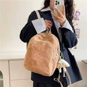 Brown plush backpack with heart embroidery and adjustable straps for school girls