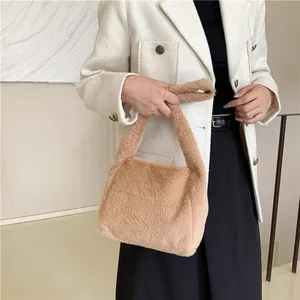 Women's Plush Faux Fur Underarm Shoulder Bag Minimalist Solid Color Fuzzy Handbag With Magnetic Closure For Autumn Winter
