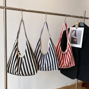 Sac Cabas en Toile à Rayures pour Femmes Grande Capacité Sac à Épaule Rétro Décontracté Minimaliste Rayures Verticales Sac Hobo pour Bureau Quotidien Voyage Sac à Main