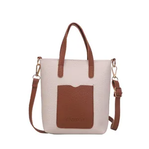 Mini sac à bandoulière bicolore beige et marron pour téléphone avec sangle réglable