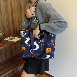 Halloween Theme Printed Tote Bag For Women Large Capacity Shoulder Bag With Pumpkin Ghost Patterns Holiday Gift Fashion