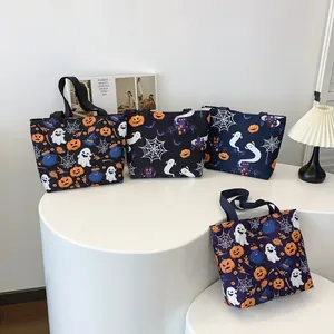 Halloween tote bags set with pumpkin and ghost prints on stylish canvas shoulder bags