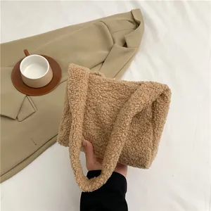 Women Faux Lamb Wool Plush Shoulder Bag Solid Color Tote Handbag For Autumn Winter Casual Daily Trendy Soft Furry Bag