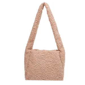 Chic autumn winter teddy fleece tote bag in apricot fluffy faux fur fabric