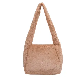 Minimalist faux fur shoulder bag for women in plush camel brown with wide strap