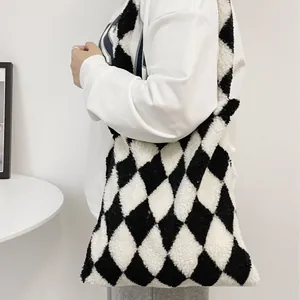 Grote Capaciteit Pluche Tote Bag Sherpa Lamswol Kunstbont Schoudertas Ruitpatroon Retro Casual Voor Vrouwen Herfst Winter