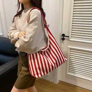 Sac Cabas en Toile à Rayures Verticales pour Femmes Grande Capacité Sac à Épaule en Tricot Sac de Shopping Décontracté