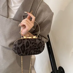 Dettaglio borsa a scatola leopardata con manico ad anello dorato e chiusura a fiocco