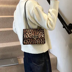 Leopard print crossbody bag with metal studs and chain strap shown on model shoulder