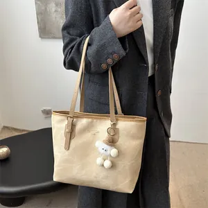 Large Capacity Tote Bag Frosted Synthetic Leather Shoulder Bag With Plush Pendant Daily Casual School Handbag For Women