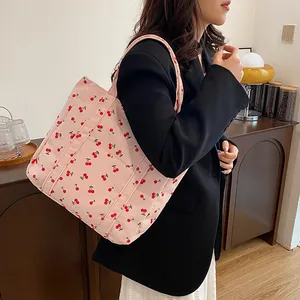 Grand sac cabas en velours côtelé rose avec imprimé cerises pour femme, sac à bandoulière