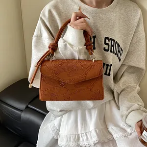 Women Lotus Koi Embossed PU Leather Handbag Vintage Chinese Style Shoulder Crossbody Bag With Knotted Handle Gold Hardware